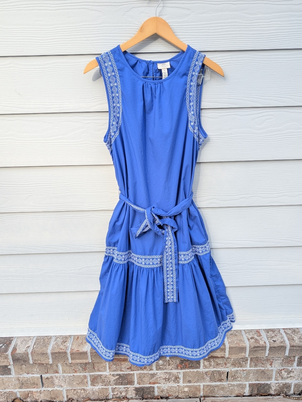 St John's Bay Dress Size M Blue White Embroidery Midi Belt Cotton Summer Boho